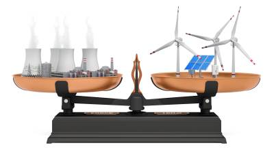 Nuclear power or solar panels and wind turbines. 3D rendering isolated on white background